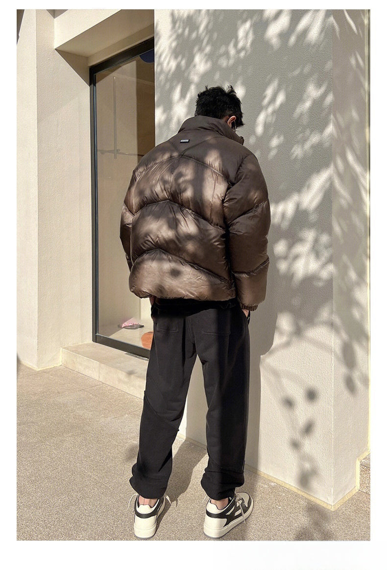 Metal Label Profile Bread Solid Color Stand Collar Velvet Cotton-padded Coat