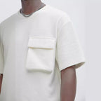 Patch Pocket Champray Crew Neck Casual Loose 5-point Sleeve Top