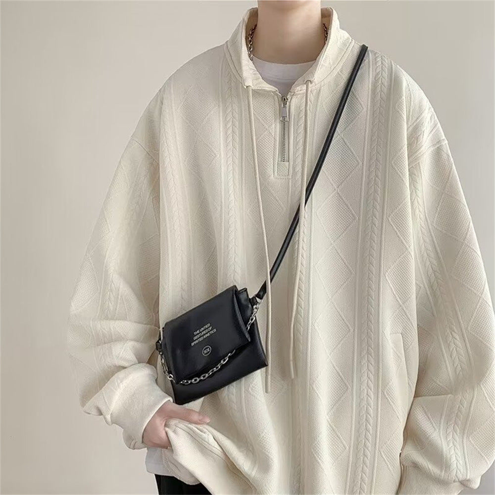 Half Zipper Creamy-white Jacquard Stand Collar Sweater