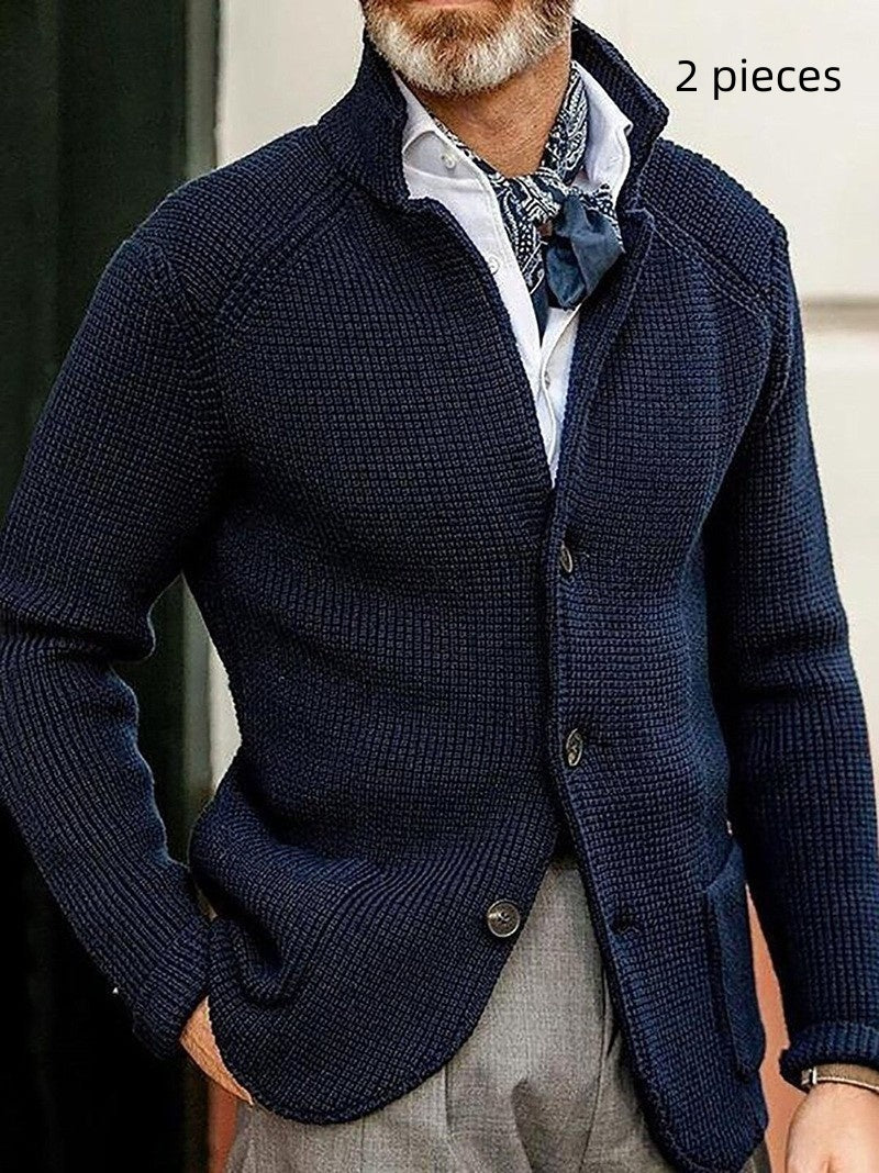 Long-sleeved Knitted Cardigan Stand Collar Sweater Navy Blue 2 pieces
