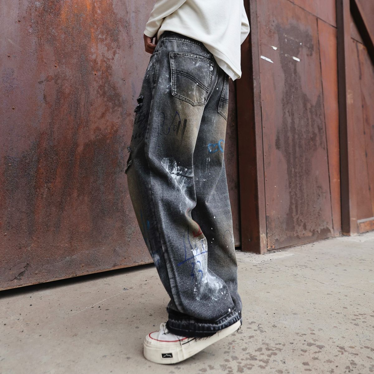 Street Graffiti Ripped Straight Jeans