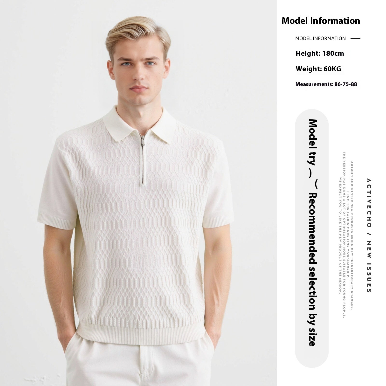 Twist Texture Simple Polo Shirt Slim Lapel T-shirt White