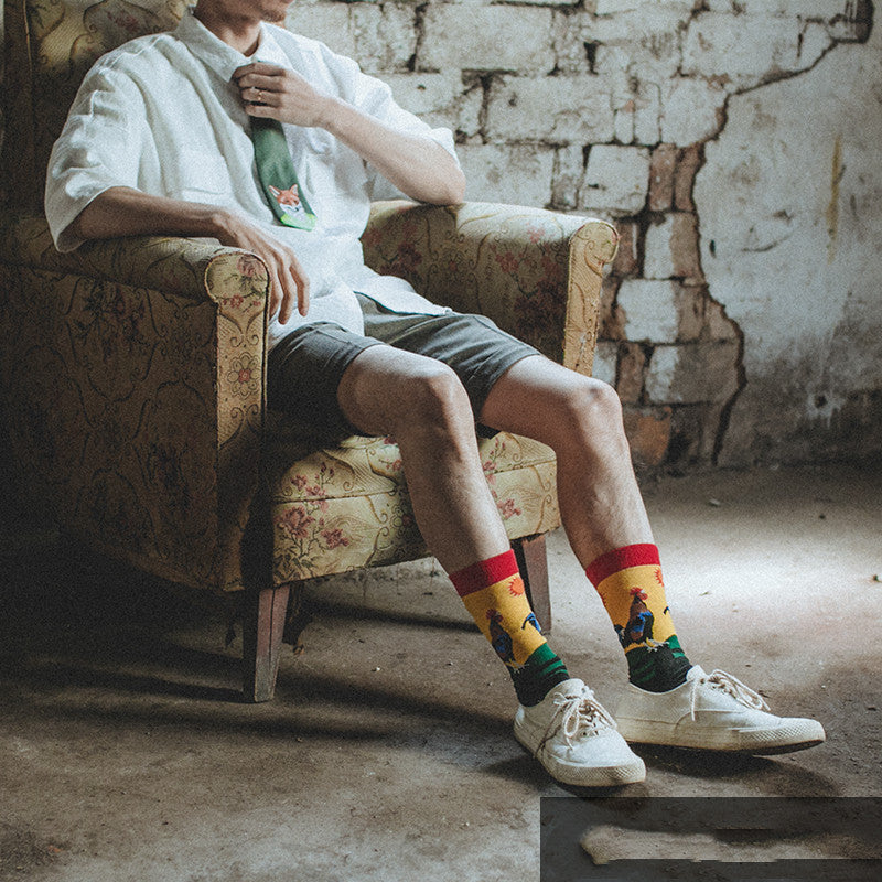 Couple Retro Pure Cotton Mid Tube Floral Socks D