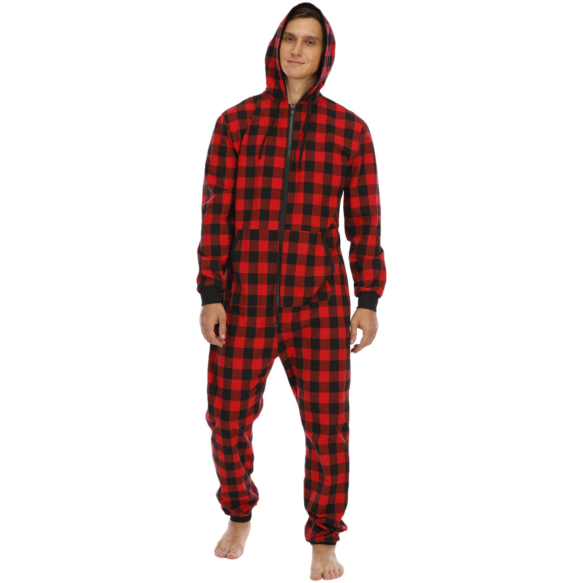 Flannel Check Hooded One-piece Pajamas