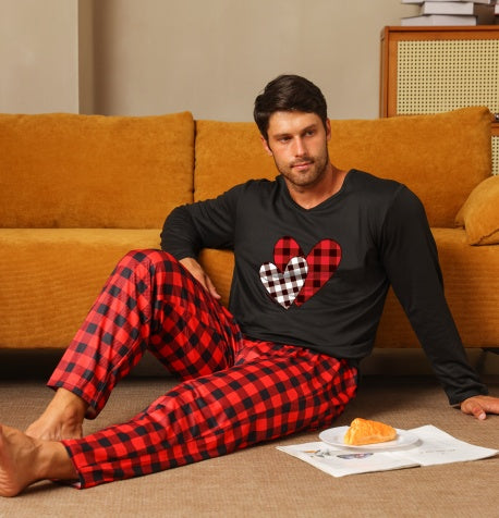 Ice Silk Long Sleeve Long Pants Pajama Set Red hearts
