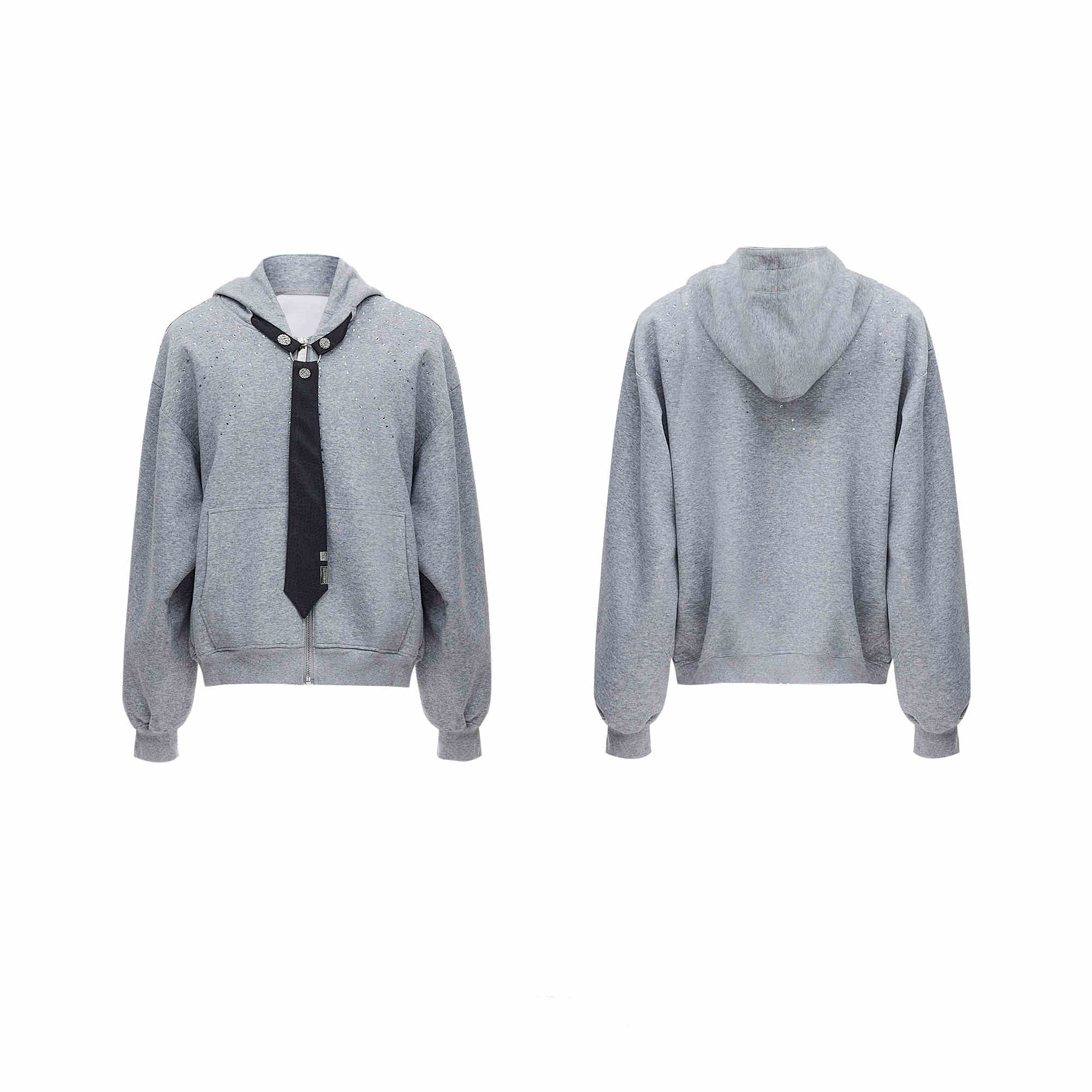 Rhinestone Detachable Tie Hooded Sweater Baggy Coat Gray