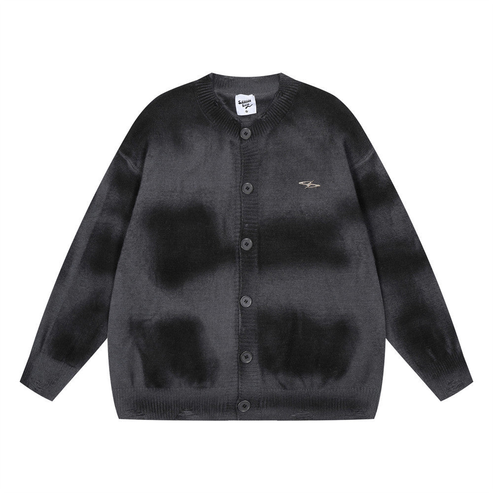 Tie-dyed Distressed Cardigan Sweater Black