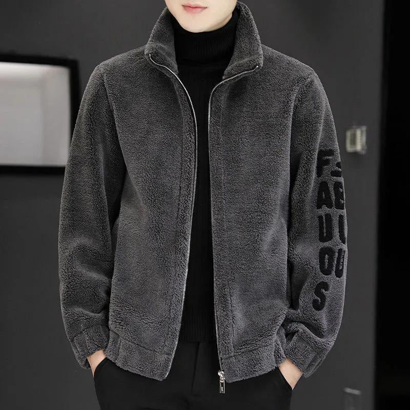 Cashmere Stand Collar Jacket Sweater Fur Integrated Lambswool Men's Coat Gray