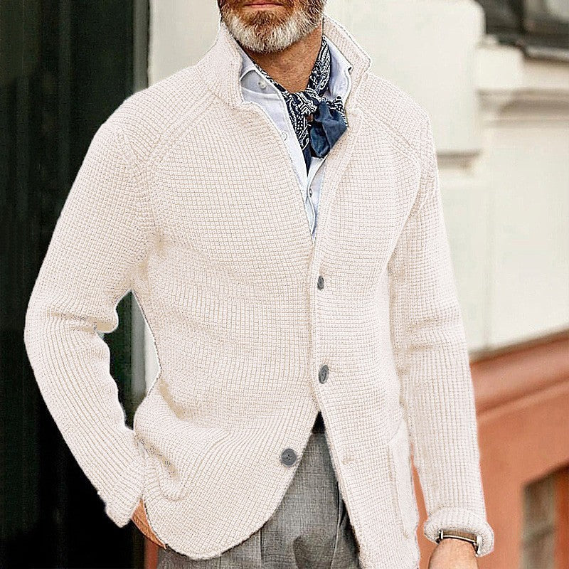Long-sleeved Knitted Cardigan Stand Collar Sweater White 1 piece