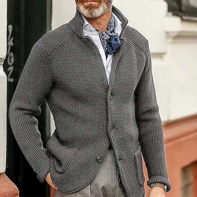 Long-sleeved Knitted Cardigan Stand Collar Sweater Gray 1 piece