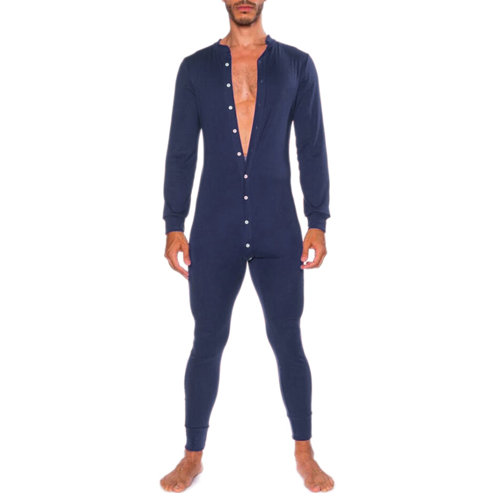 Solid Color Fashion Slim Fit Button Jumpsuit Navy Blue