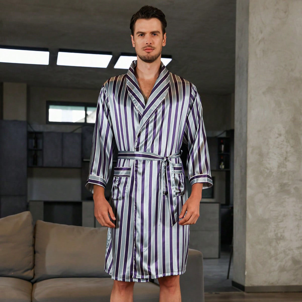 Silk Bathrobe Nightgown Striped