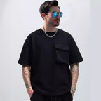 Patch Pocket Champray Crew Neck Casual Loose 5-point Sleeve Top