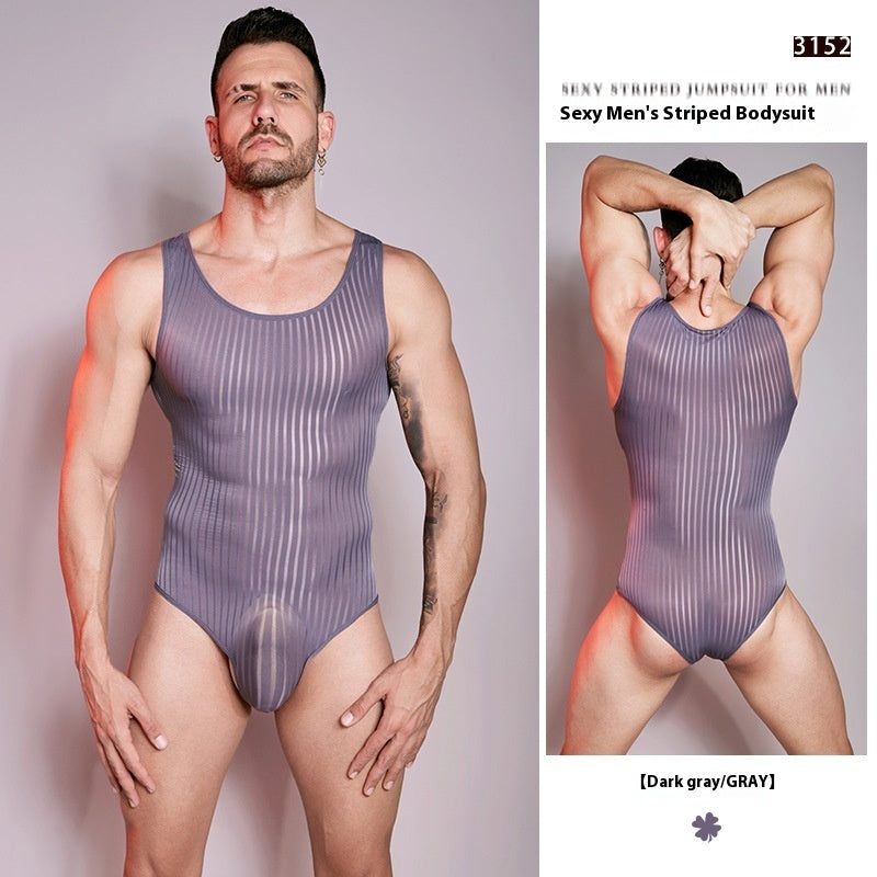 Elastic Vertical Bar Comfortable Fierce Men's One-piece Dark Gray No Underwear Free Size