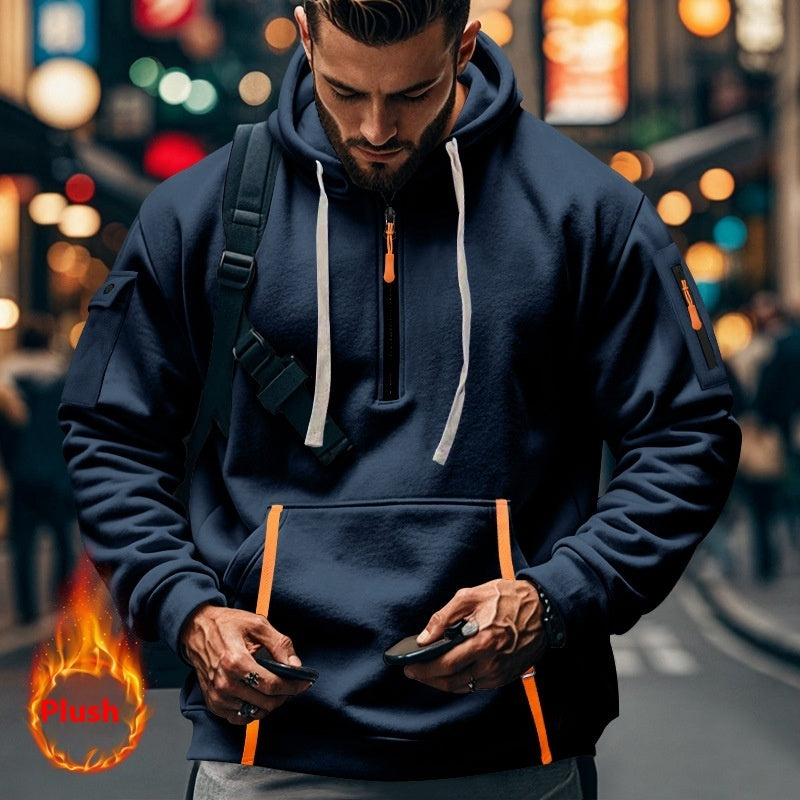 Casual Multi-zipper Arm Pocket Sweatshirt Navy Blue