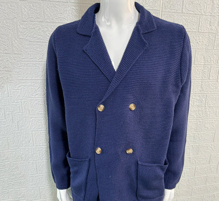 Cardigan Fallwinter Slim Lapel Double Breasted Sweater Dark Blue