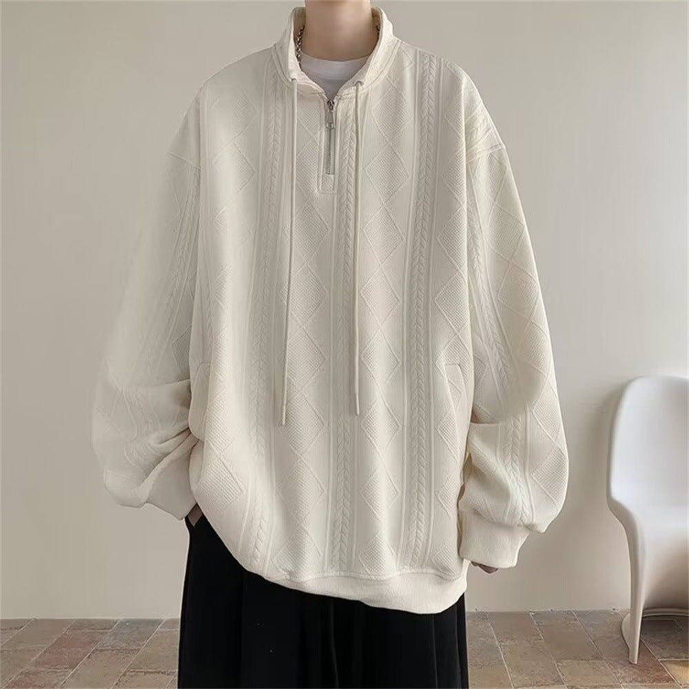 Half Zipper Creamy-white Jacquard Stand Collar Sweater Apricot