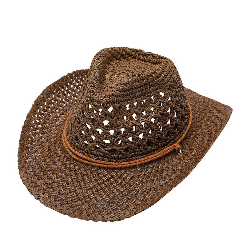 Western Cowboy Hat Foldable Hollow Raffia Hat Men And Women Brown M56to58cm