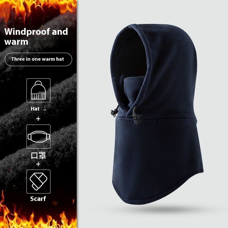 Scarf Solid Color Simple Three-in-one Windproof Neck Protection Cap Navy Blue Free Size