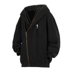 Oblique Zipper Hooded Cardigan Sweater Baggy Coat Black