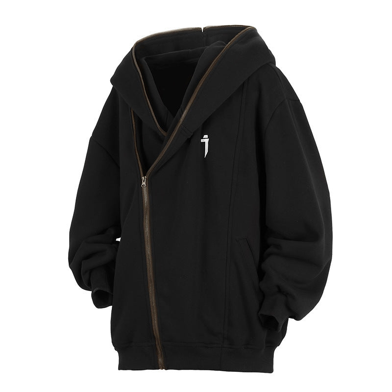 Oblique Zipper Hooded Cardigan Sweater Baggy Coat Black