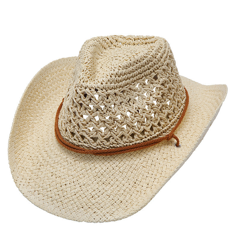 Western Cowboy Hat Foldable Hollow Raffia Hat Men And Women Beige M56to58cm