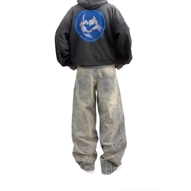 Bat Pattern Lazy Embroidered Loose Jeans