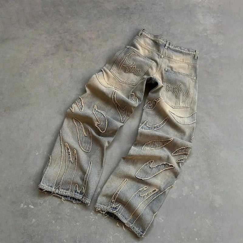 Bat Pattern Lazy Embroidered Loose Jeans Blue And Yellow