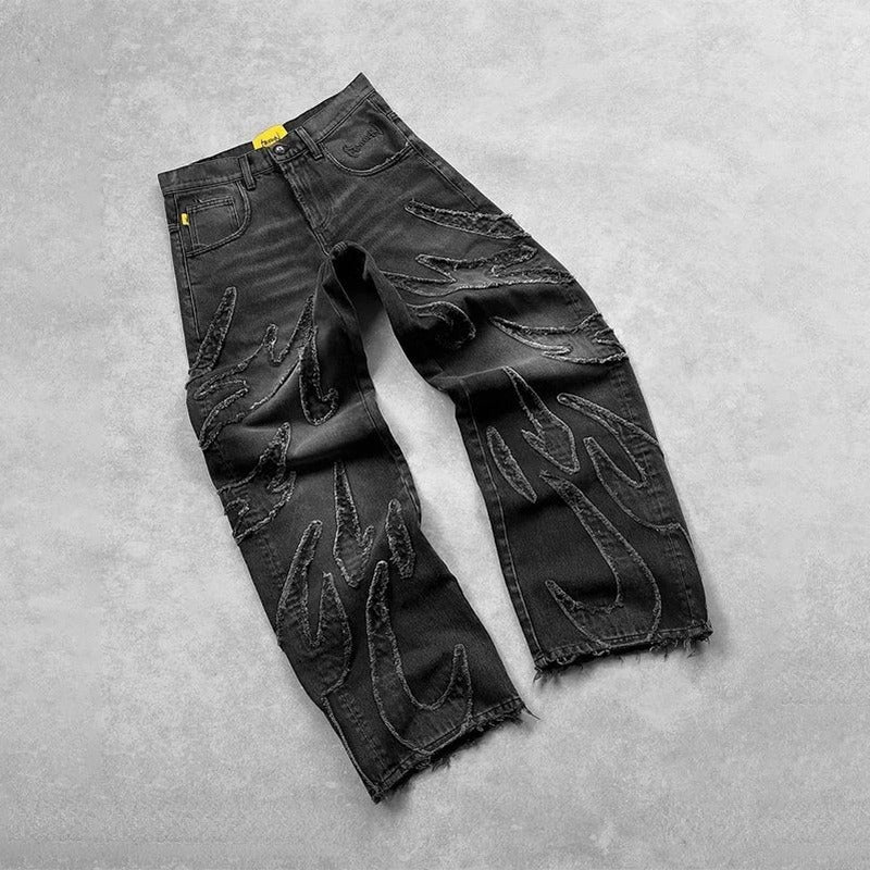 Bat Pattern Lazy Embroidered Loose Jeans Black