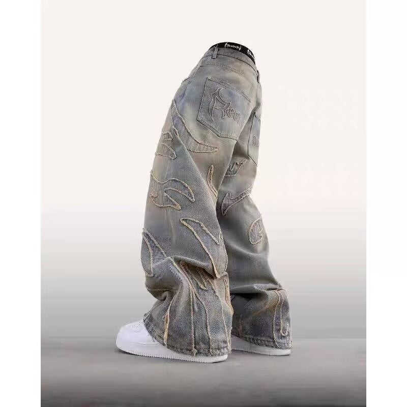 Bat Pattern Lazy Embroidered Loose Jeans