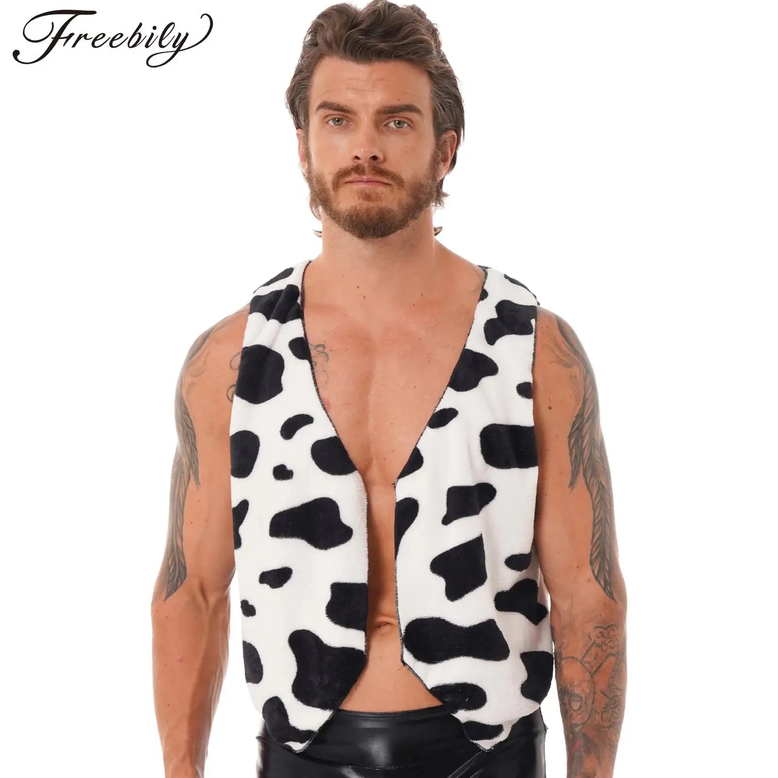 Men's Cow Print Vest for Halloween, Cosplay, and Festivals - Sleeveless Open Front Vintage Hippie Costume Waistcoat