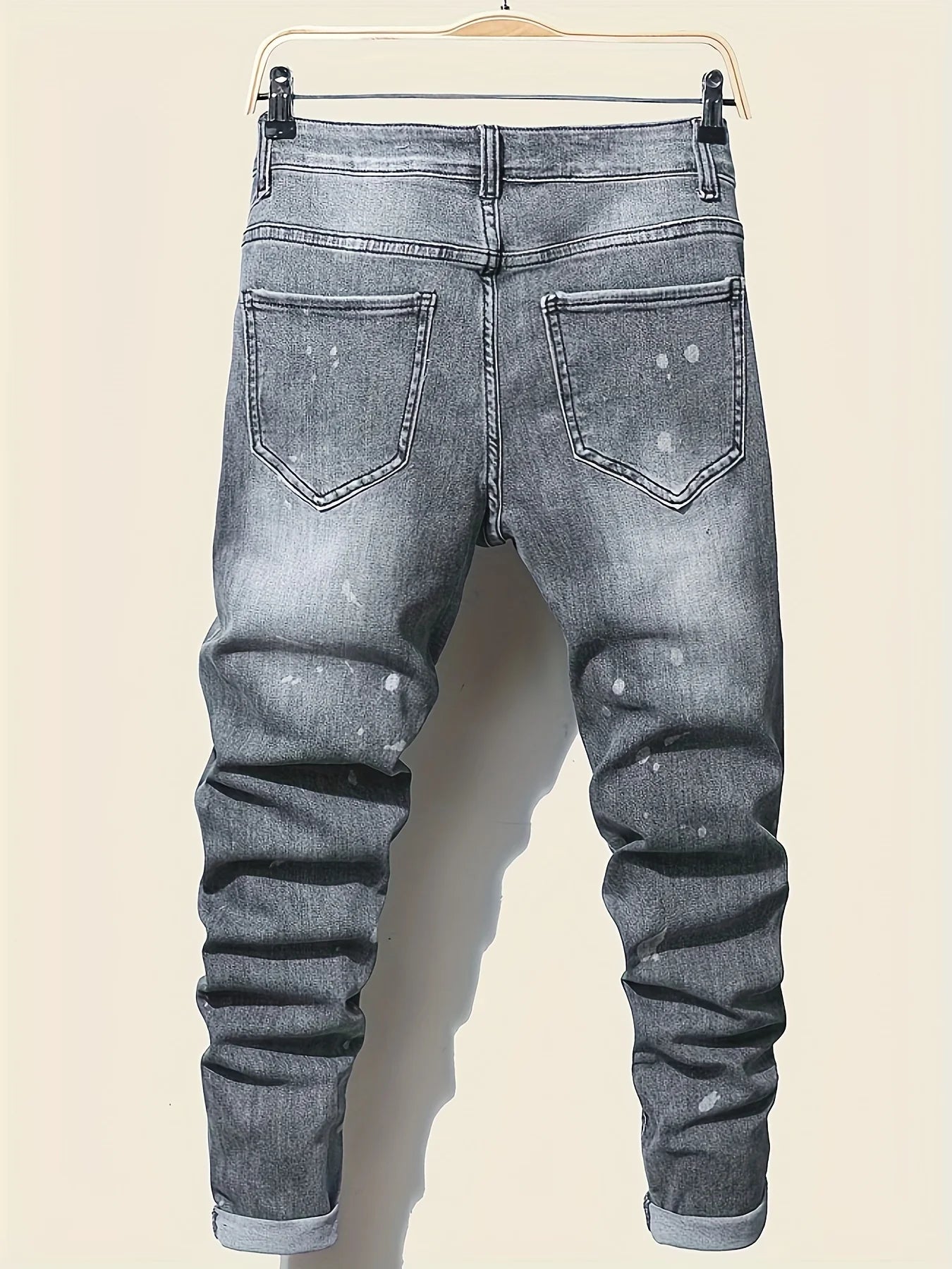 Men's slim fit ripped long denim pants, tight jeans with pockets, side straps, and zippers, men's jogging pants, ripped stretch