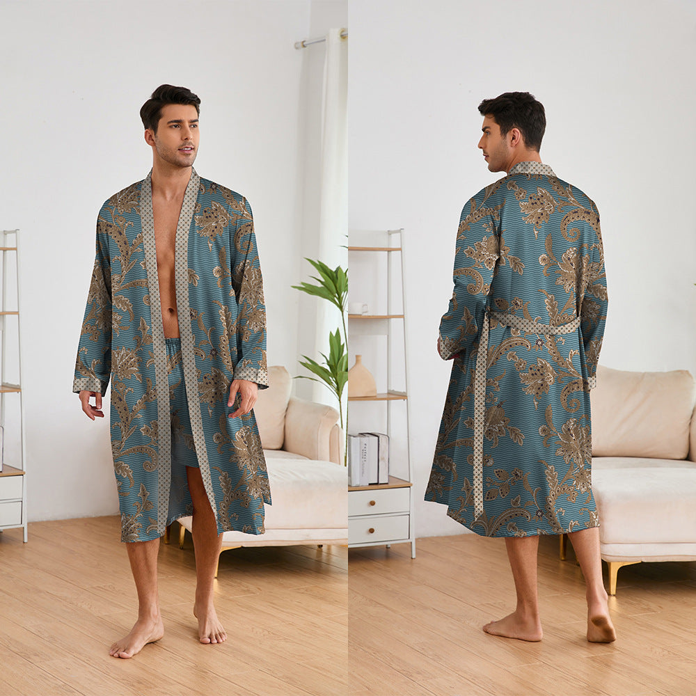 Printing Robes Long Sleeve Shorts Suit Lake Blue Brown Flower