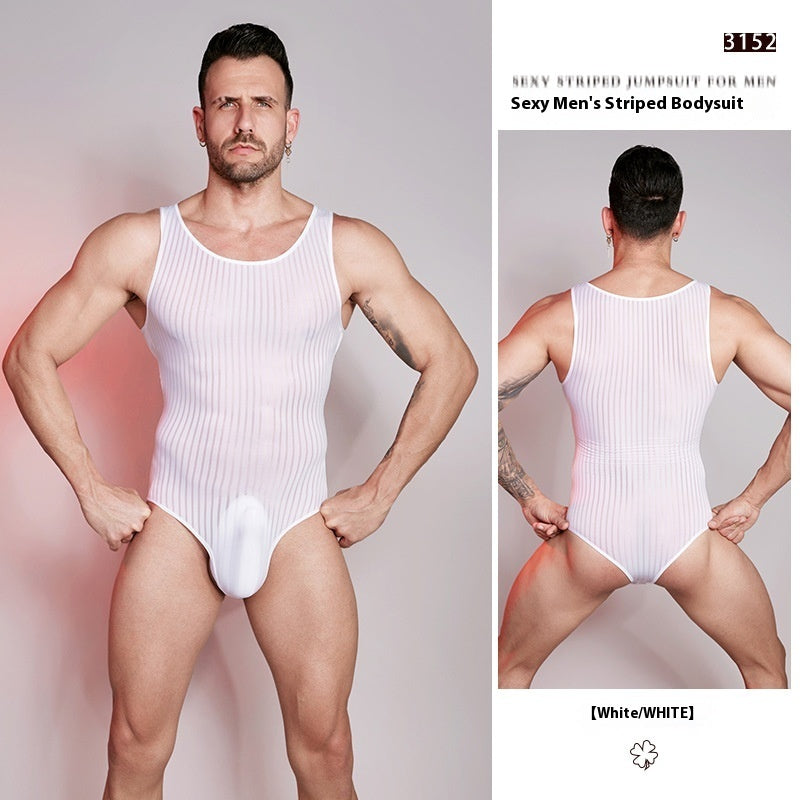 Elastic Vertical Bar Comfortable Fierce Men's One-piece White Without Underpants Free Size