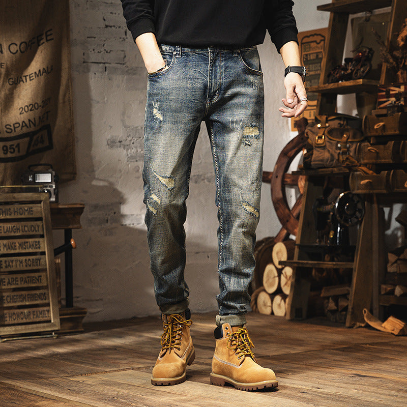 Retro Heavy Washed Jeans For Men A7707 Vintage Blue Jeans