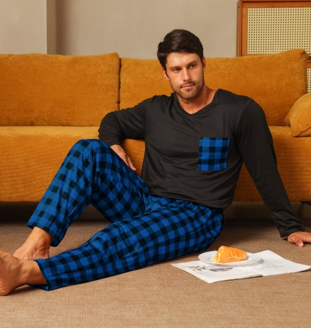 Ice Silk Long Sleeve Long Pants Pajama Set Blue