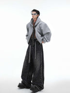 Rhinestone Detachable Tie Hooded Sweater Baggy Coat