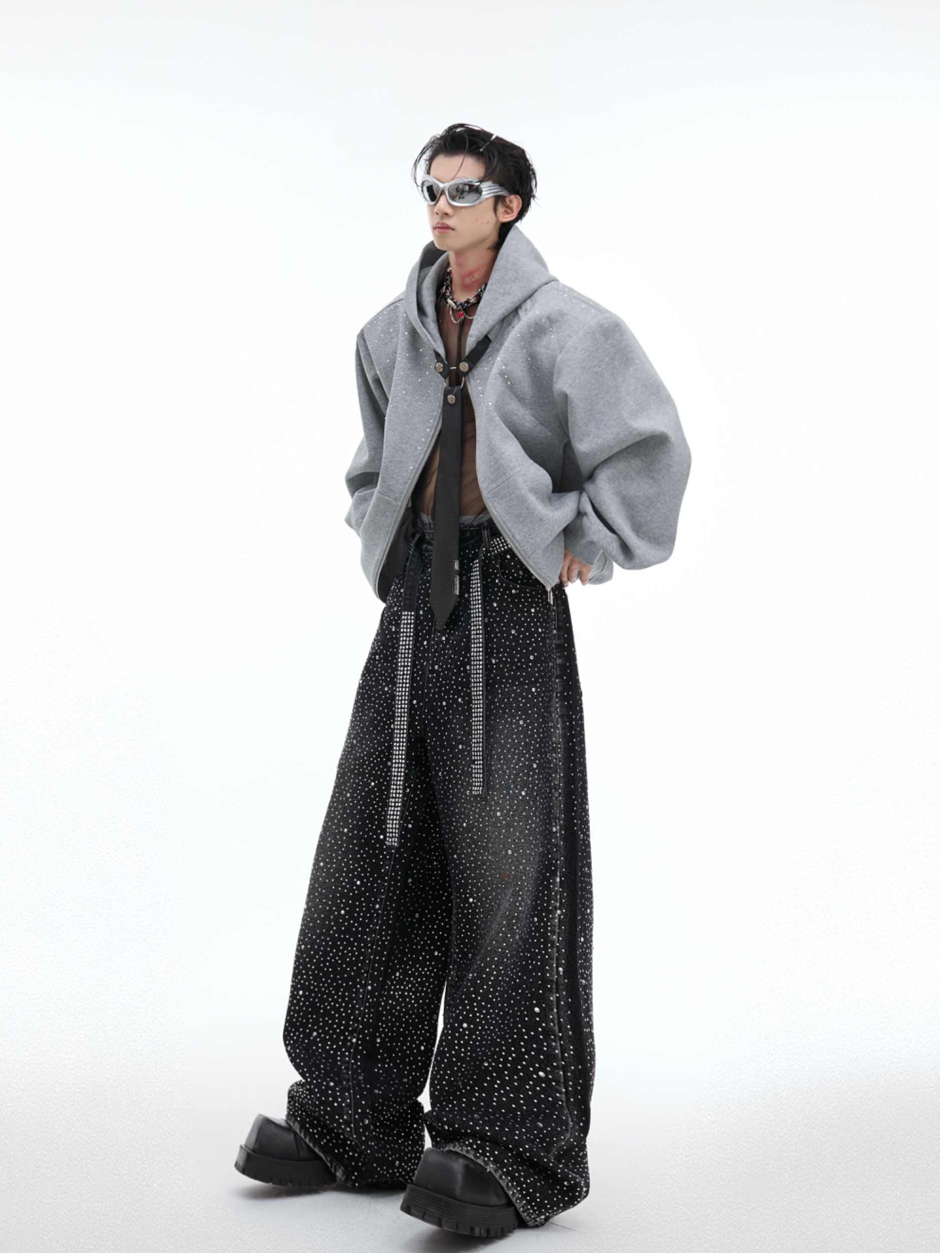 Rhinestone Detachable Tie Hooded Sweater Baggy Coat