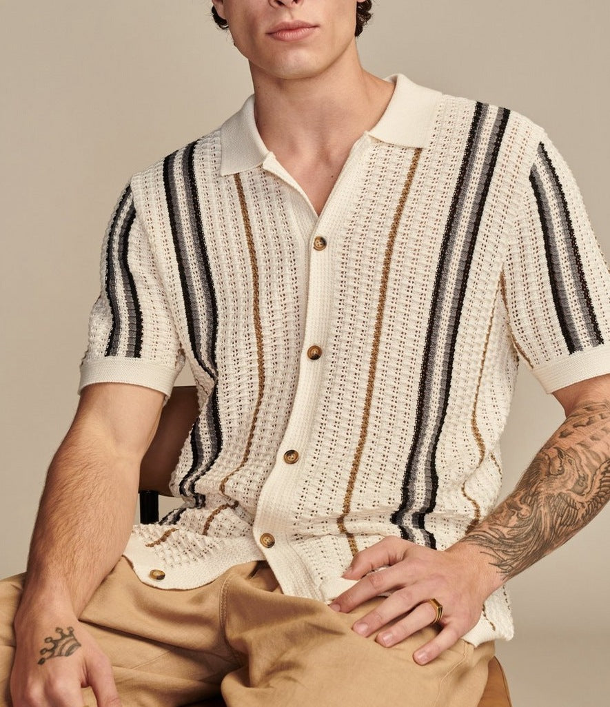 Hollow-out Knitted POLO Cardigan Beige