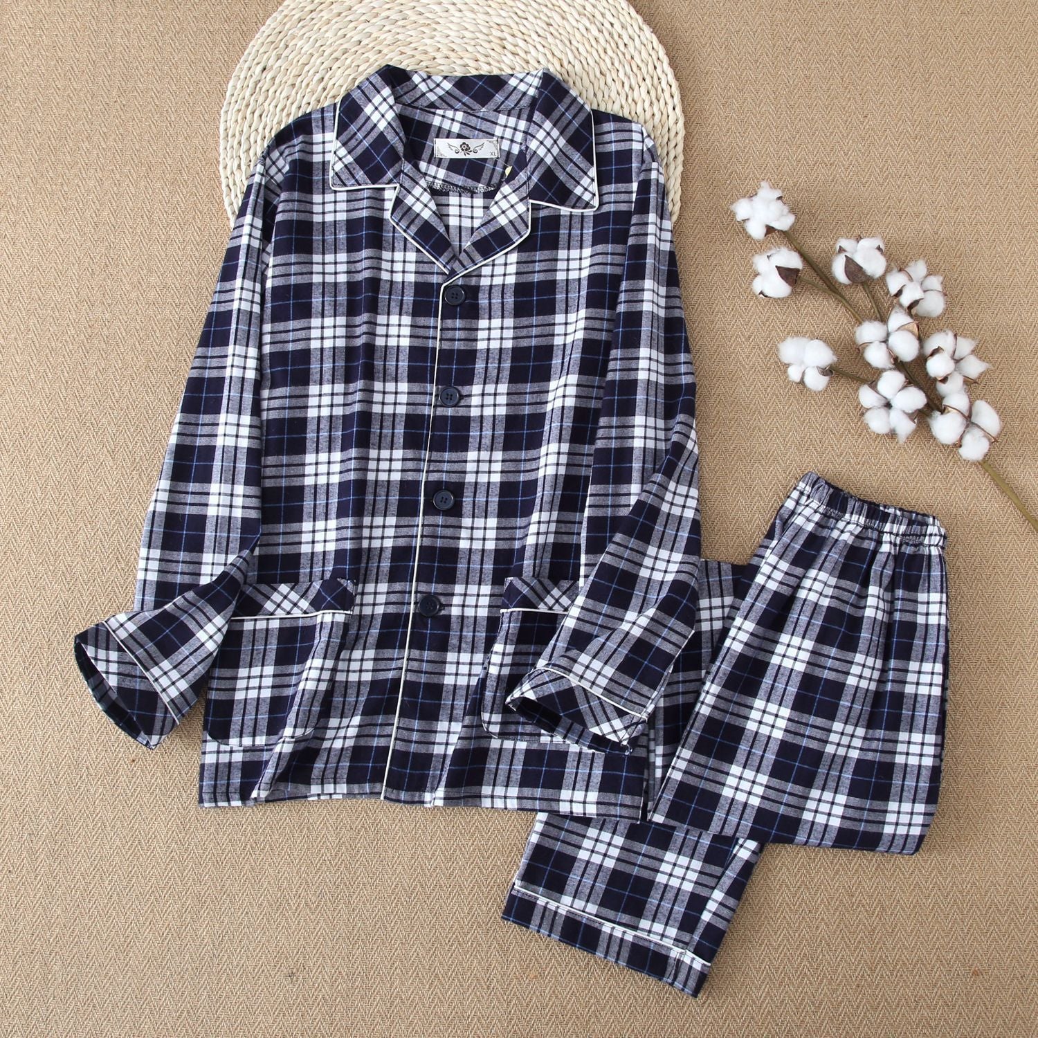 Warm Cloth Flannel Pajama Suit Blue white