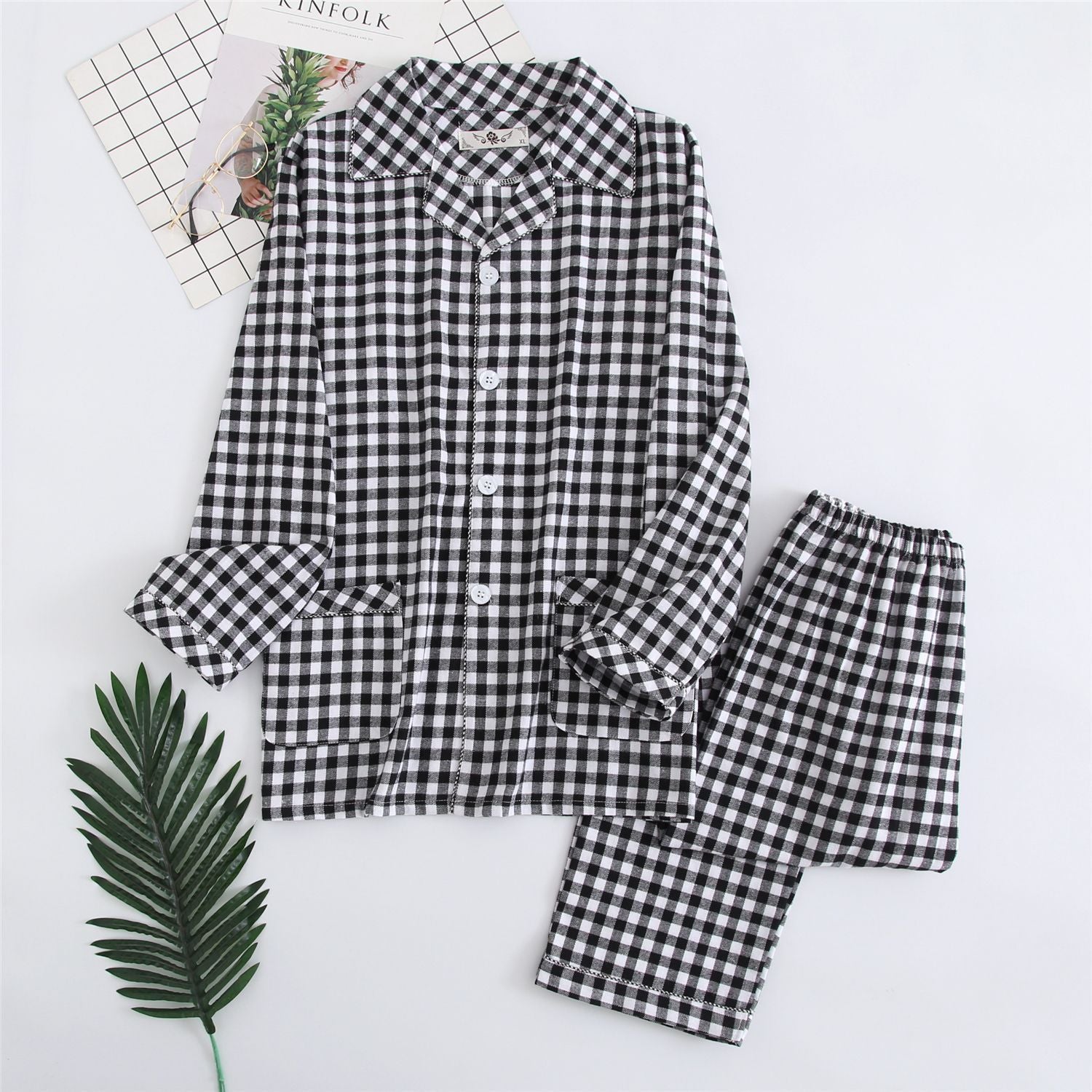 Warm Cloth Flannel Pajama Suit Black white