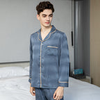 Men's Long Sleeved Trousers Ice Silk Pajamas Blue