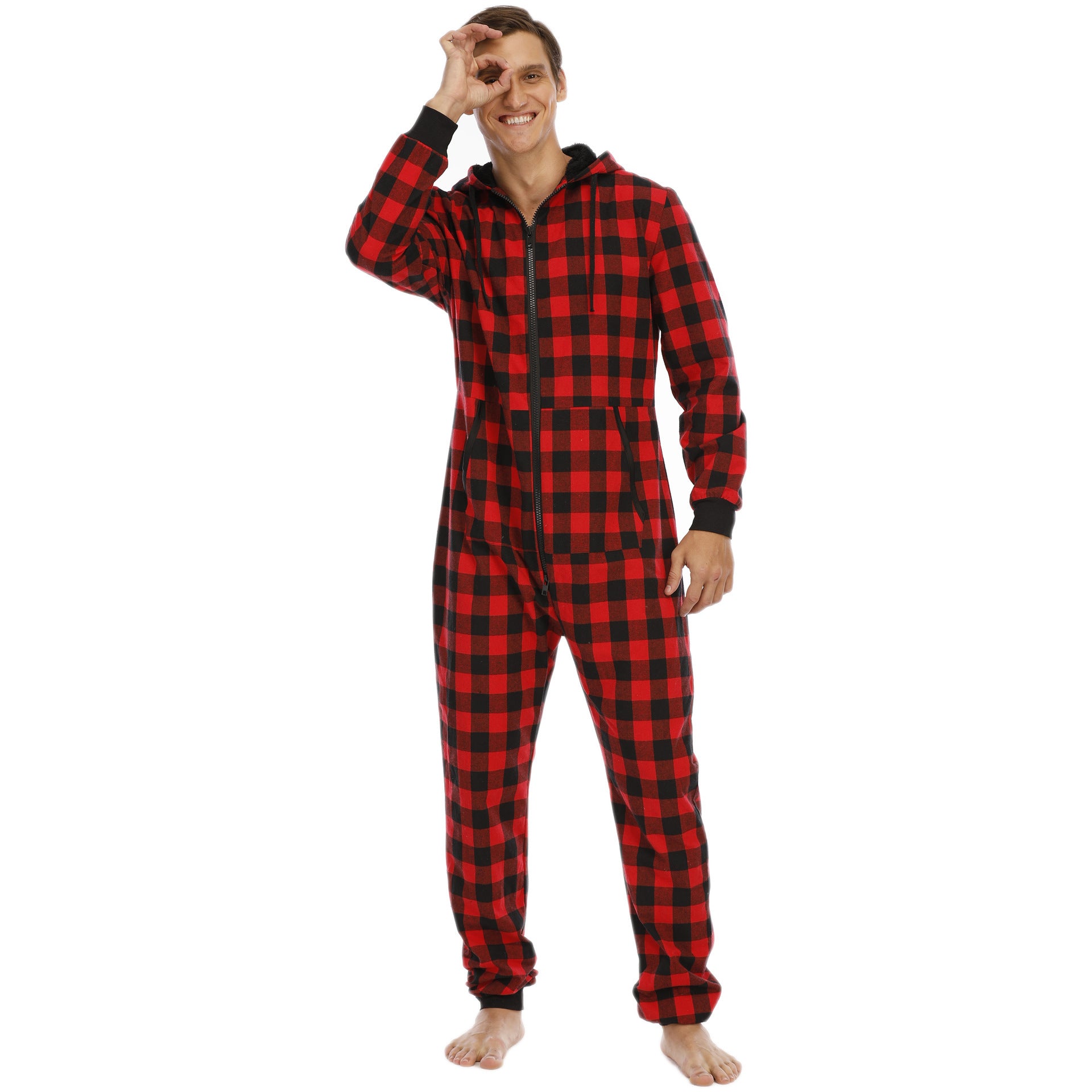 Flannel Check Hooded One-piece Pajamas