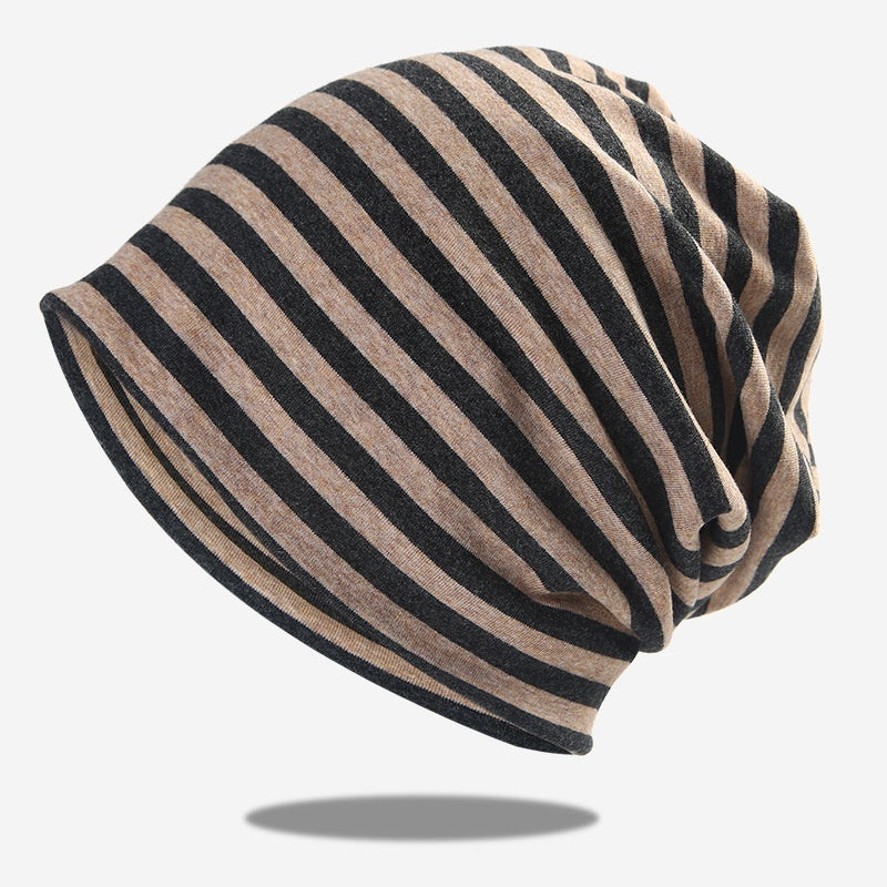 Big Head Circumference Trendy Men Pure Cotton Breathable Pullover Hat Gray Stripe Free Size Flexible