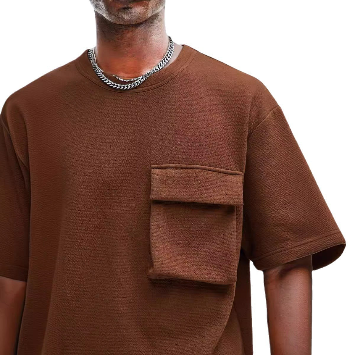 Patch Pocket Champray Crew Neck Casual Loose 5-point Sleeve Top