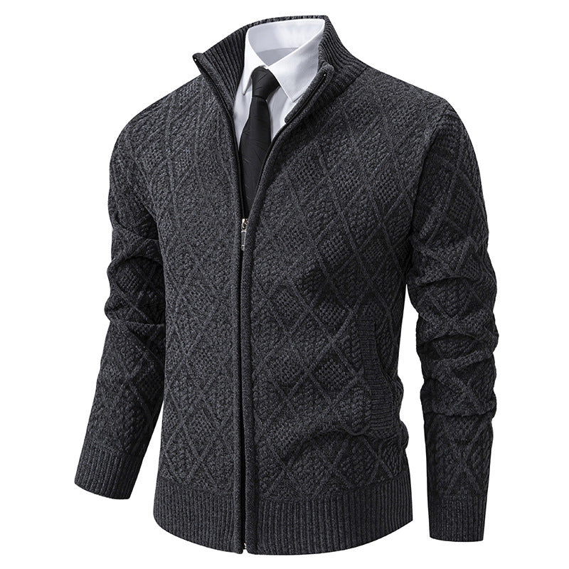 Fleece-lined Thickening Stand Collar Sweater Korean Style Casual Zipper Sweater Dark Gray