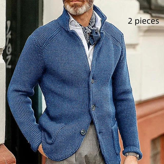 Long-sleeved Knitted Cardigan Stand Collar Sweater Sea Blue 2 pieces