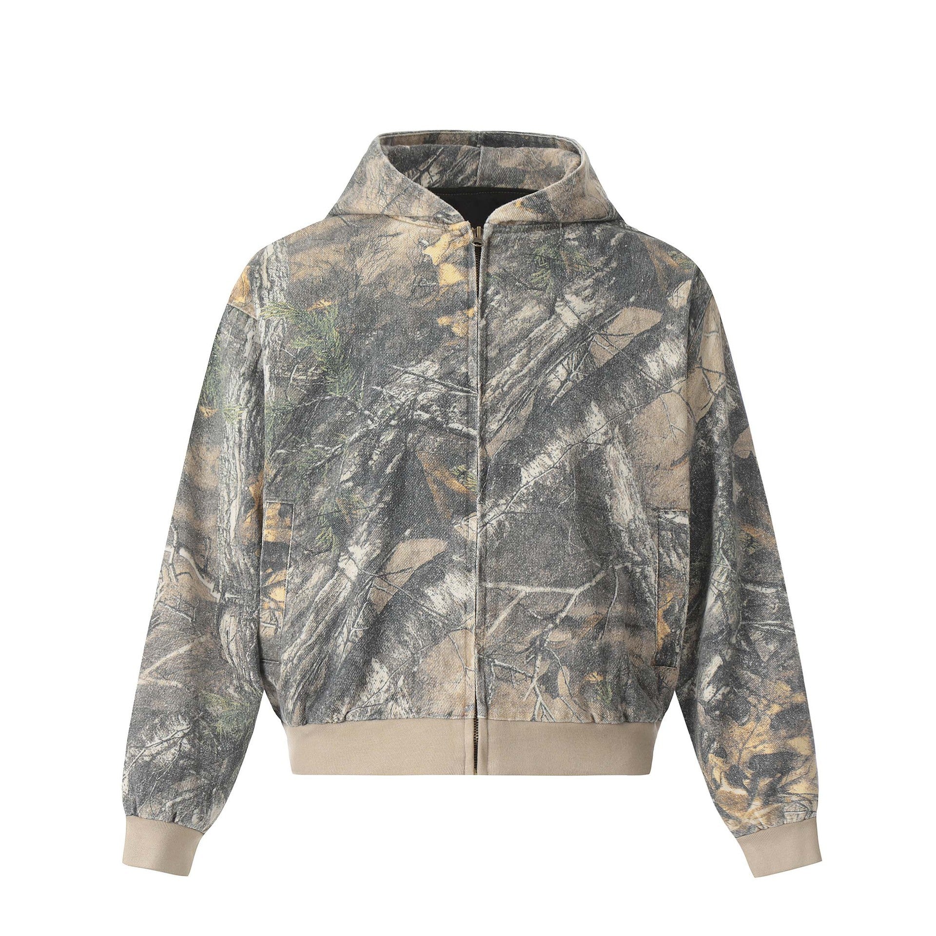 Printed Branches Camouflage Hooded Cardigan Sweater Coat Camouflage Green