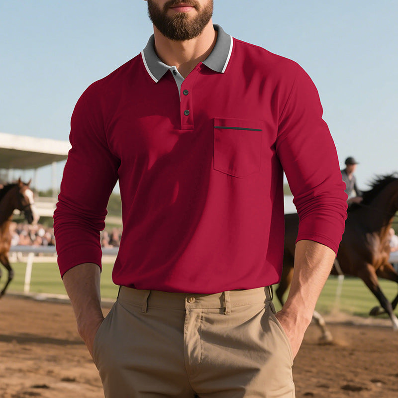 Long-sleeved Men's Polo Shirt Purplish Red