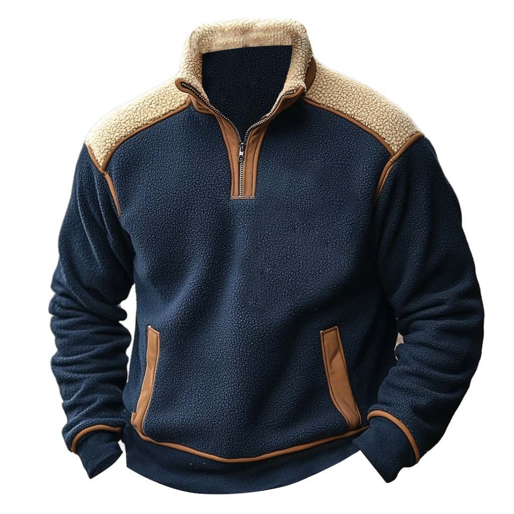 Color Stitching Stand-collar Lambswool Zipper Sweater Dark Blue